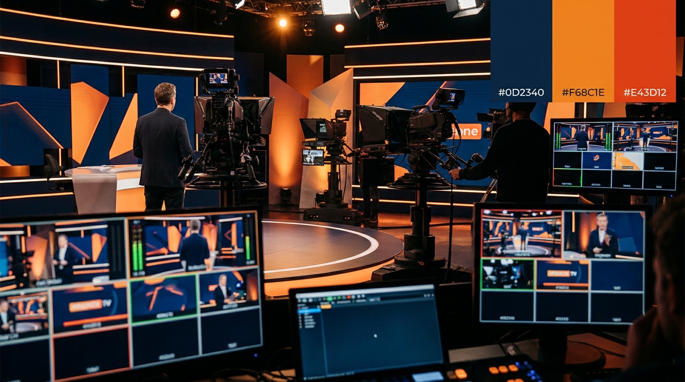 Plateau de télévision en tournage, présentateur de dos face aux caméras, régie et projecteurs, ambiance de production d'émission jeunesse