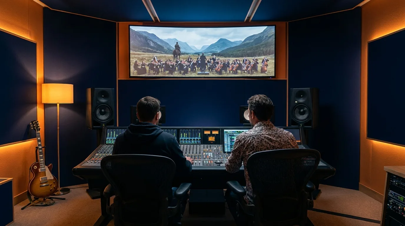 Séance de production en studio : un réalisateur vu de dos à la console, un écran diffuse une scène de film au-dessus des enceintes, lumière chaude