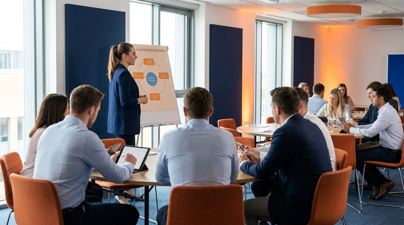 Session de formation aux techniques de vente en entreprise, une formatrice devant un tableau et des participants de dos en atelier, lumière chaleureuse