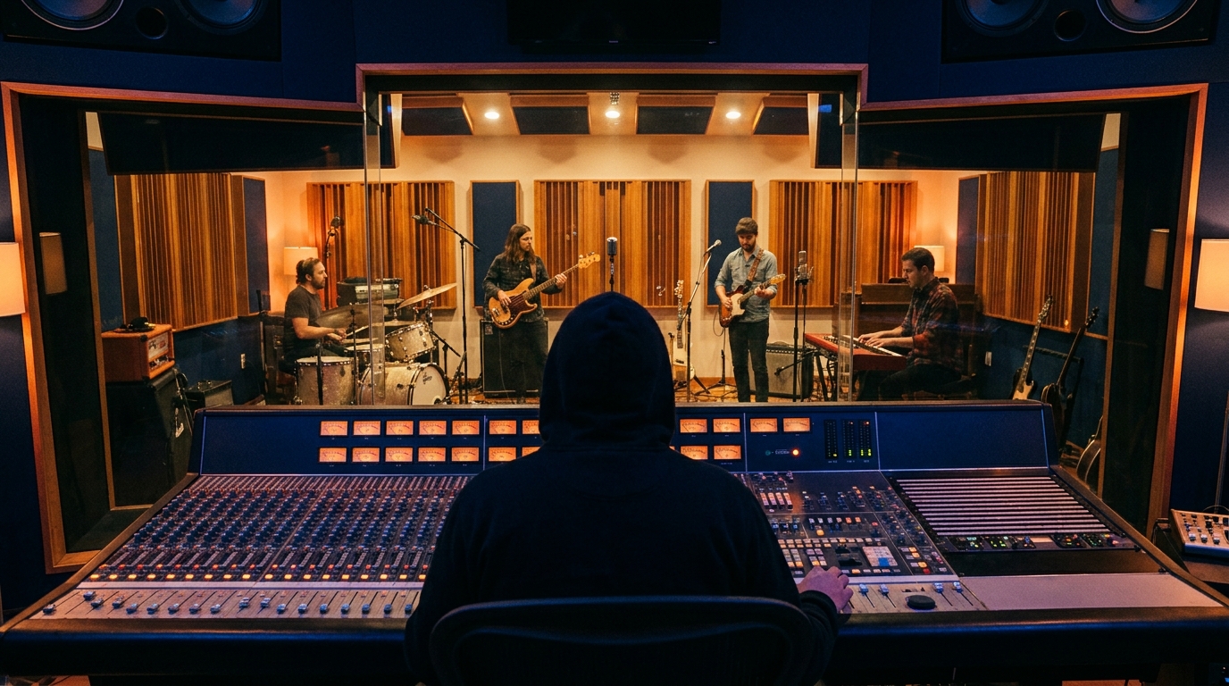 Session d'enregistrement en studio, ingénieur du son de dos à sa console de mixage, musiciens en cabine derrière la vitre, lumière chaude d'ambiance