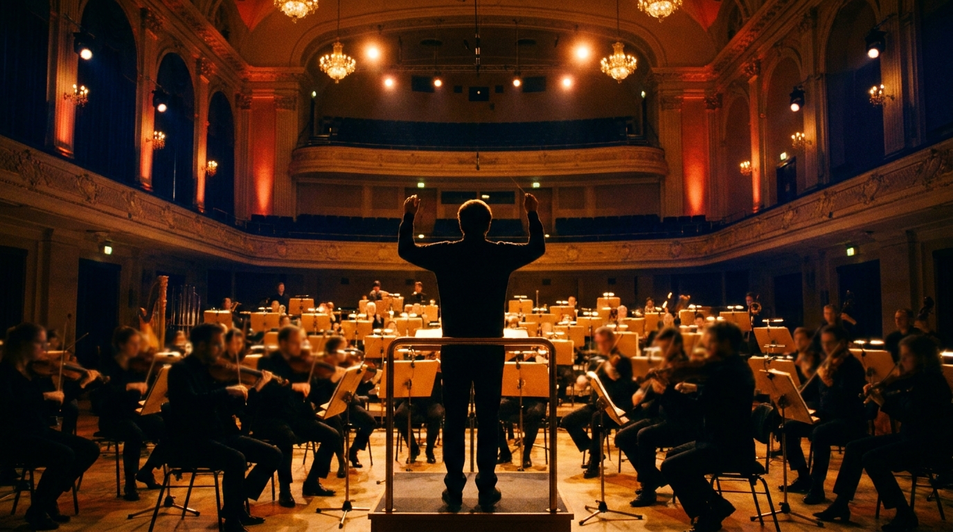 Répétition d'un orchestre symphonique vue depuis le pupitre du chef, musiciens de dos et pupitres éclairés d'une lumière ambrée