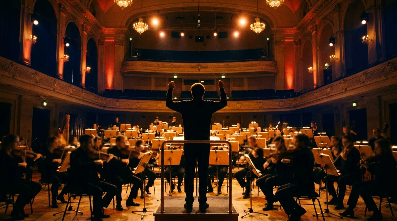 Répétition d'un orchestre symphonique vue depuis le pupitre du chef, musiciens de dos et pupitres éclairés d'une lumière ambrée