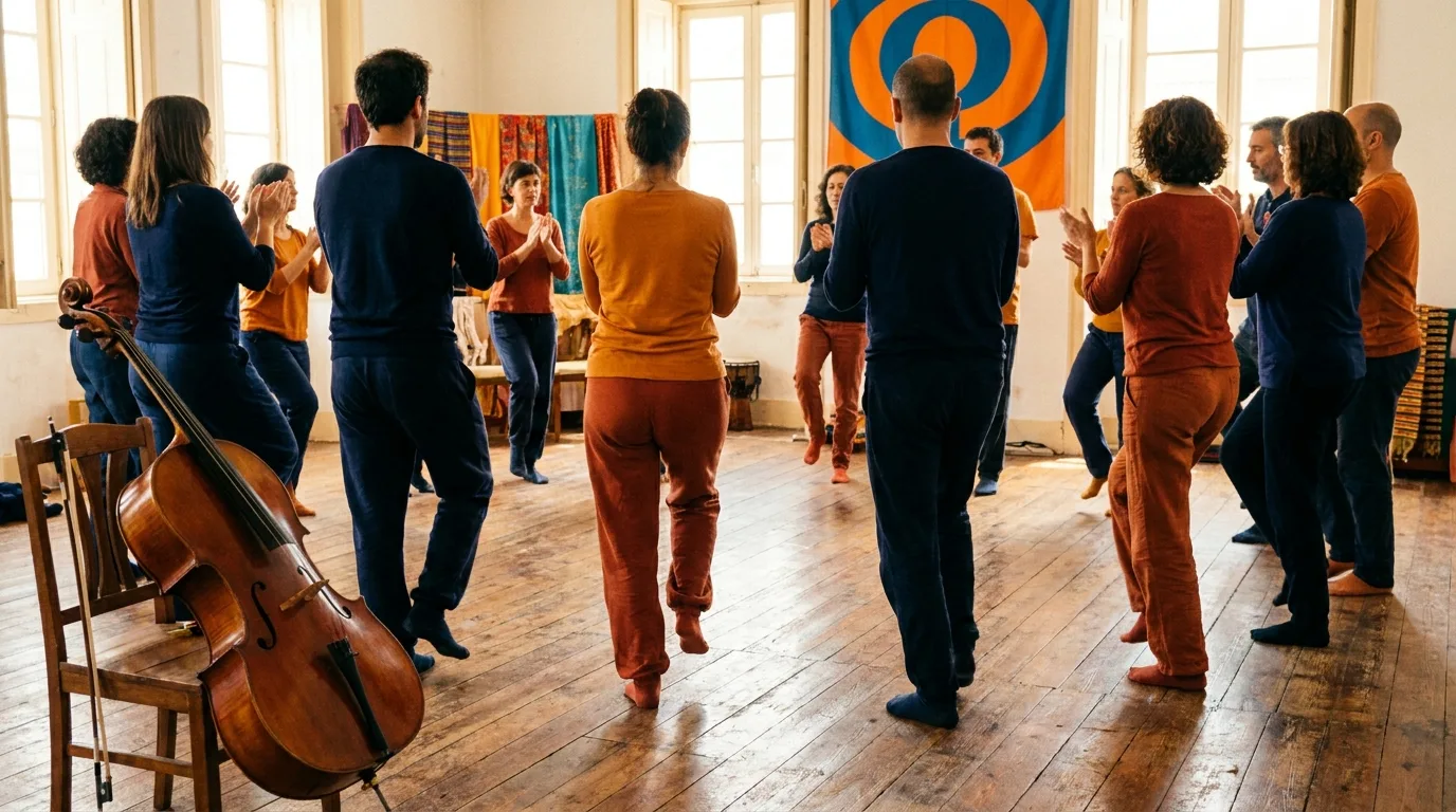 Atelier collectif de rythme corporel O Passo, participants adultes en cercle marchant et frappant dans les mains, vus de dos, lumière chaude de salle de danse